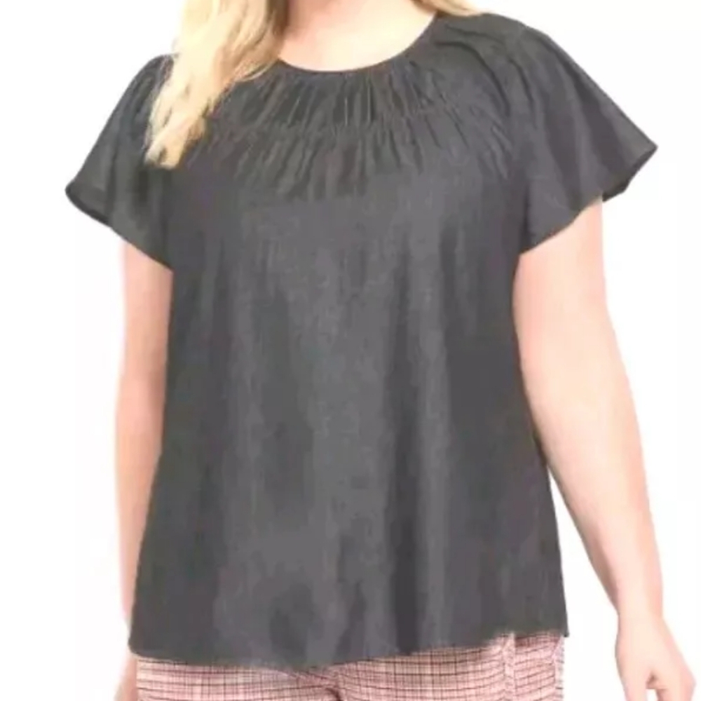 Lane Bryant Lagenlook Blouse Sz 28W 5X Peasant Dark Blue Chambray Flounce Sleeve